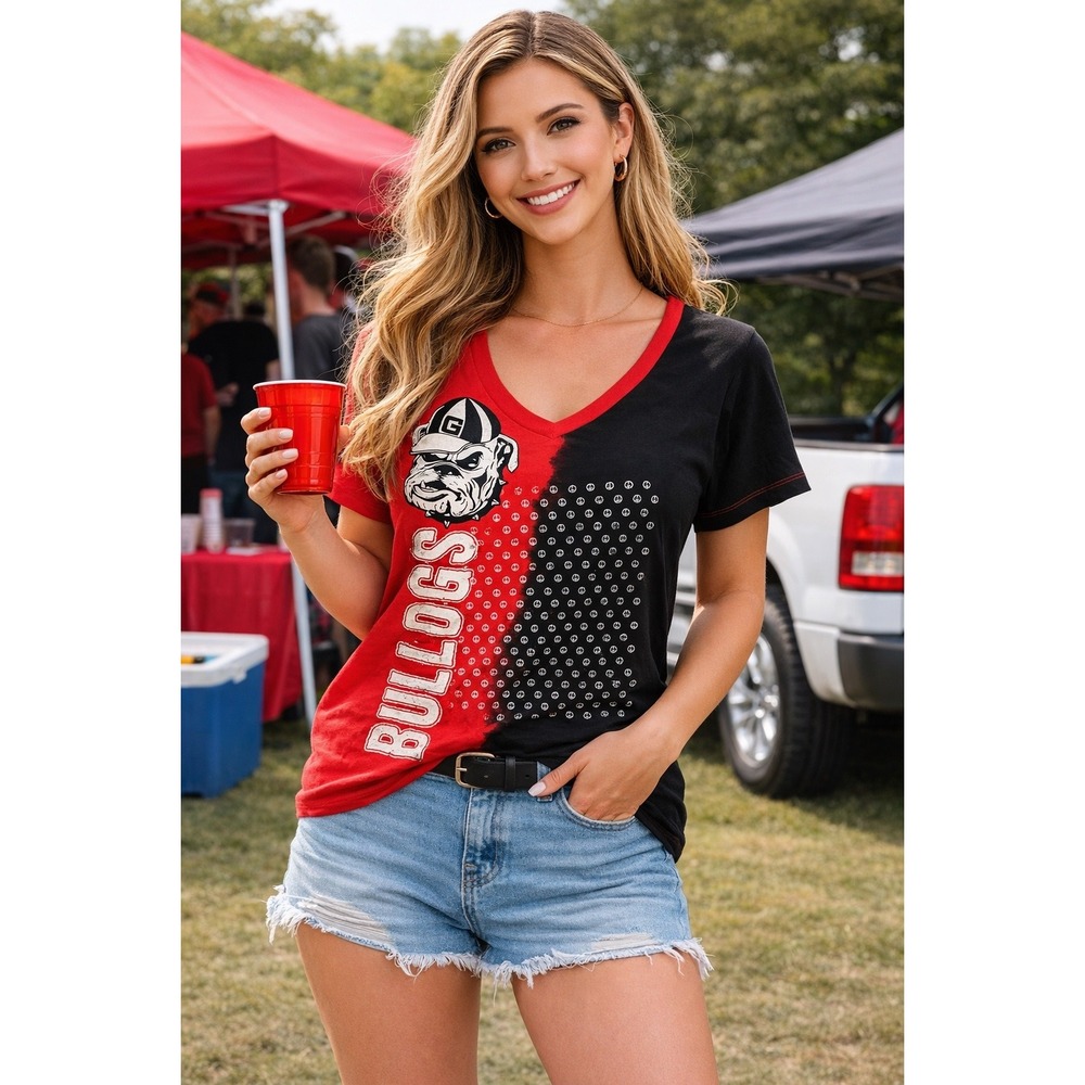 Creative Apparel Concepts Georgia Bulldogs Red Black Split V-Neck Tee XL (Large)
